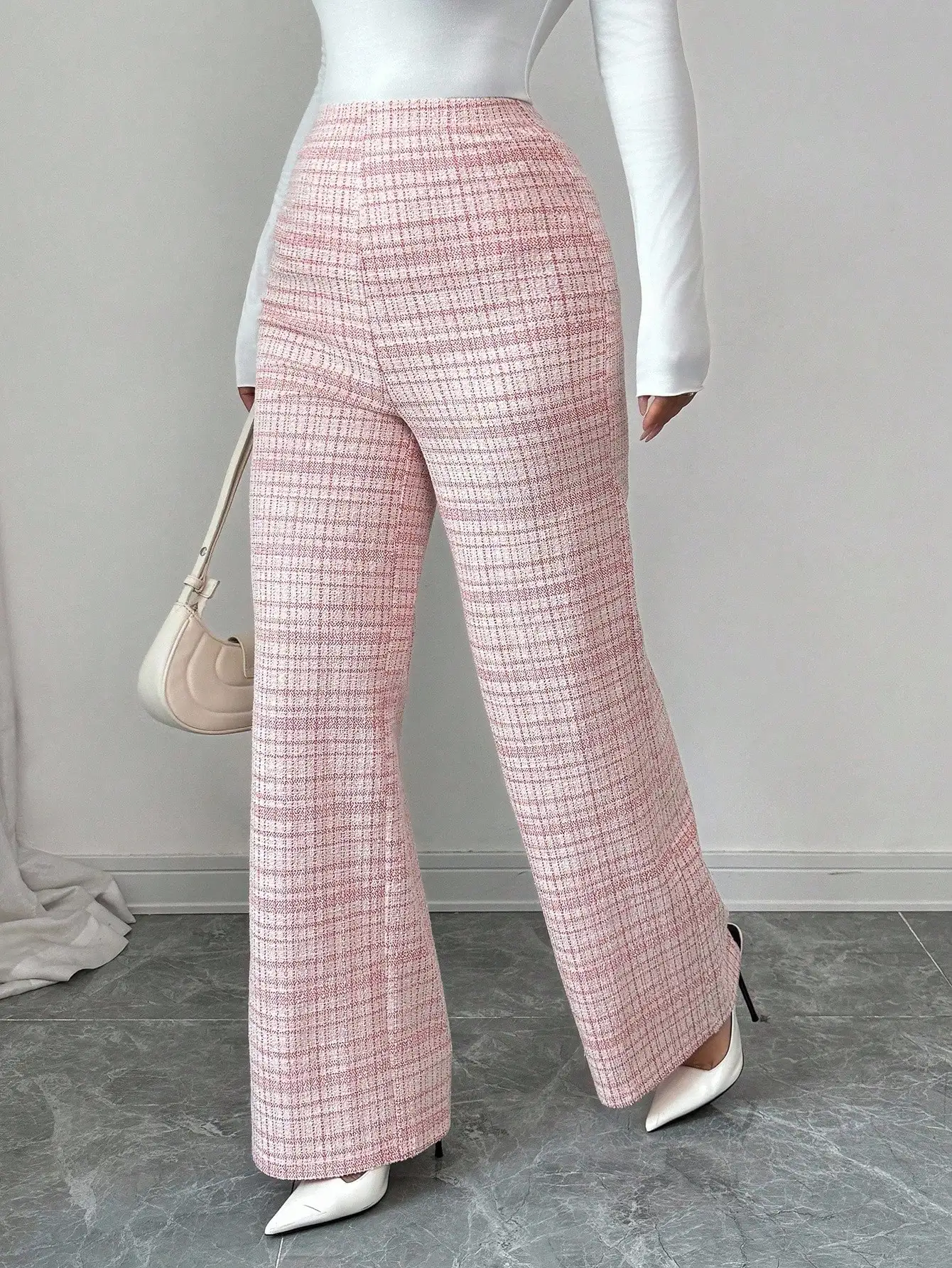 Calças de pernas largas de cintura alta de tweed elástico xadrez rosa para mulheres, roupas casuais de escritório de outono