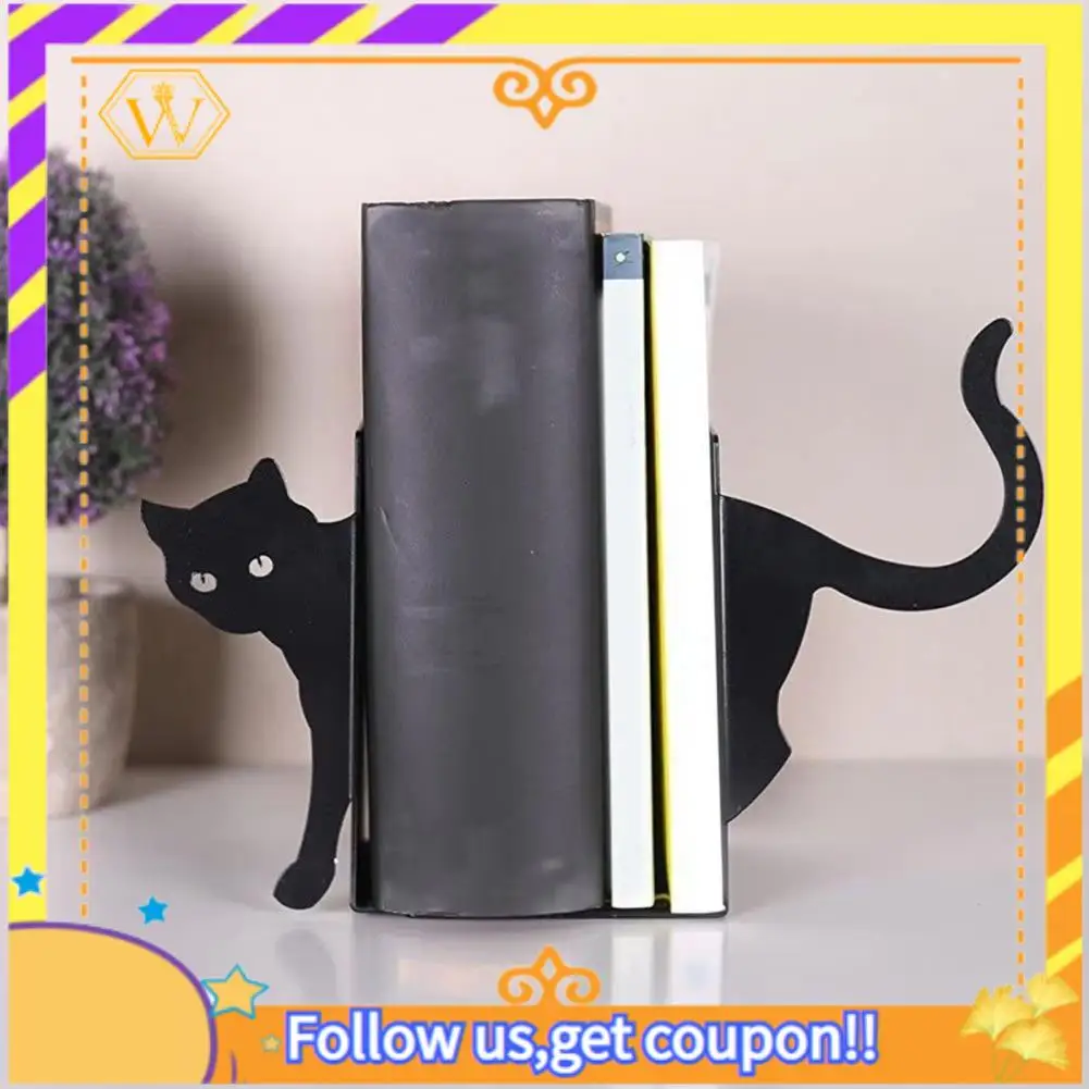 A01K-1 Pair Metal Bookends Whimsical Cat Design Decorative Bookends Rounded Edges Book Holders Office Library Decoration