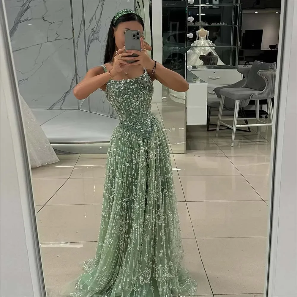 

Elegant Spaghetti Straps Evening Dresses for Women A-line Beads Lace Long Formal Prom Wedding Party Gowns robes de soirée