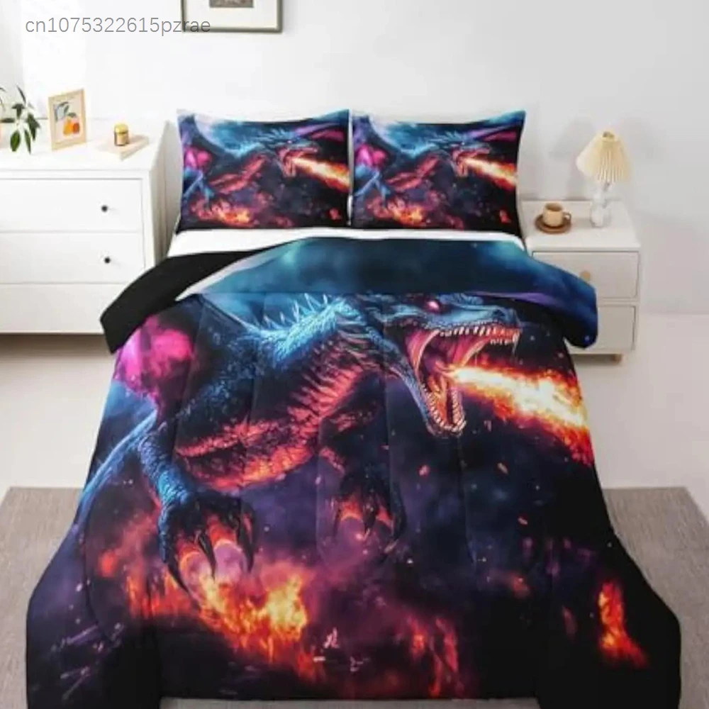 Gothic Fire Dragon Bedding Twin,Magical Ancient Animal Comforter Set For Kids Teens Adults,Teal Dragon Bedding Comforter Sets,