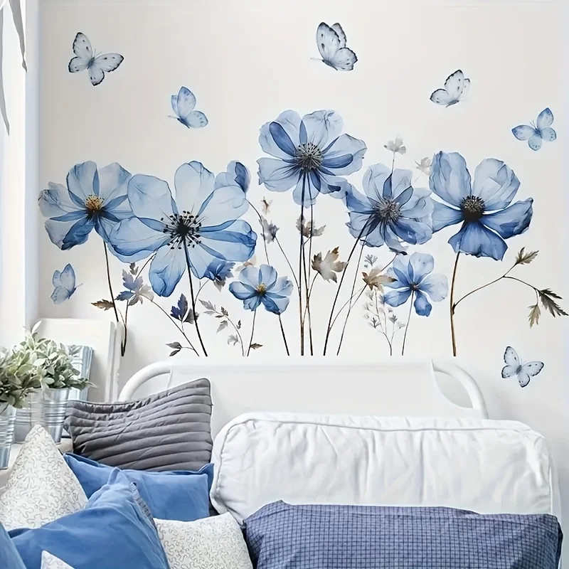 رومانسية الفراشة الزرقاء النرجس البري الزهور ملصقات جدار غرفة نوم الشرفة خلفية ديكور الجدار ملصق زهرة خلفية الشارات