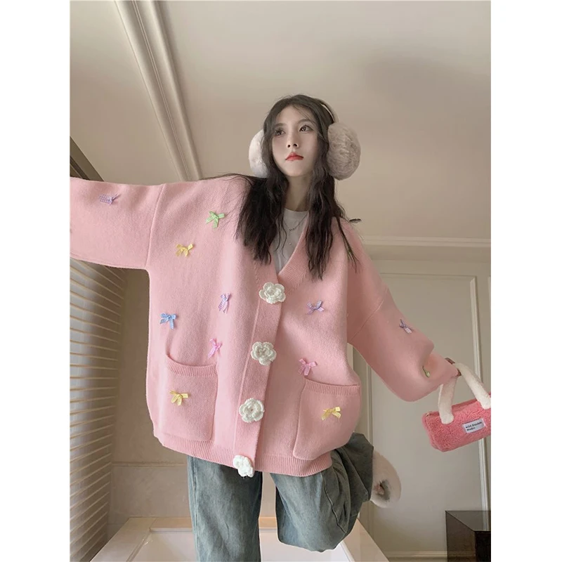 Sweet 3D Flowers Knitted Cardigan Women Kawaii Bow V Neck Sweater Coat Korean Cute Oversized Knitwear Streetwear Casual Jumper