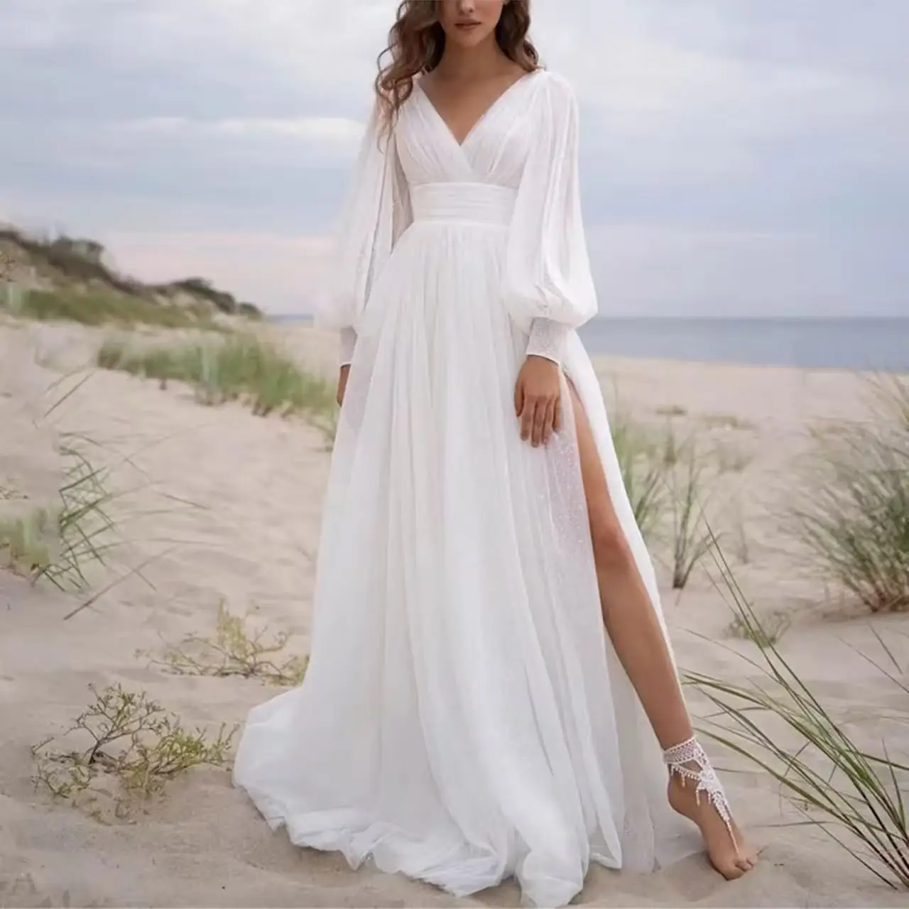 

Customized Elegant Tulle V-neck Bride Dresses A-line Backless Court Train Full Sleeves 2025 Wedding Dresses For Formal Occasions