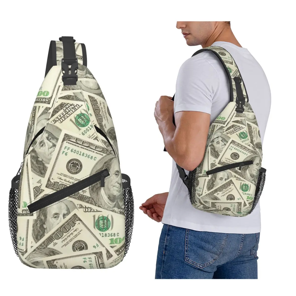 

US Dollar Banknotes Chest Bag Men Sling Crossbody Backpack Chest Bag Traveling Hiking Daypack Shoulder Bag