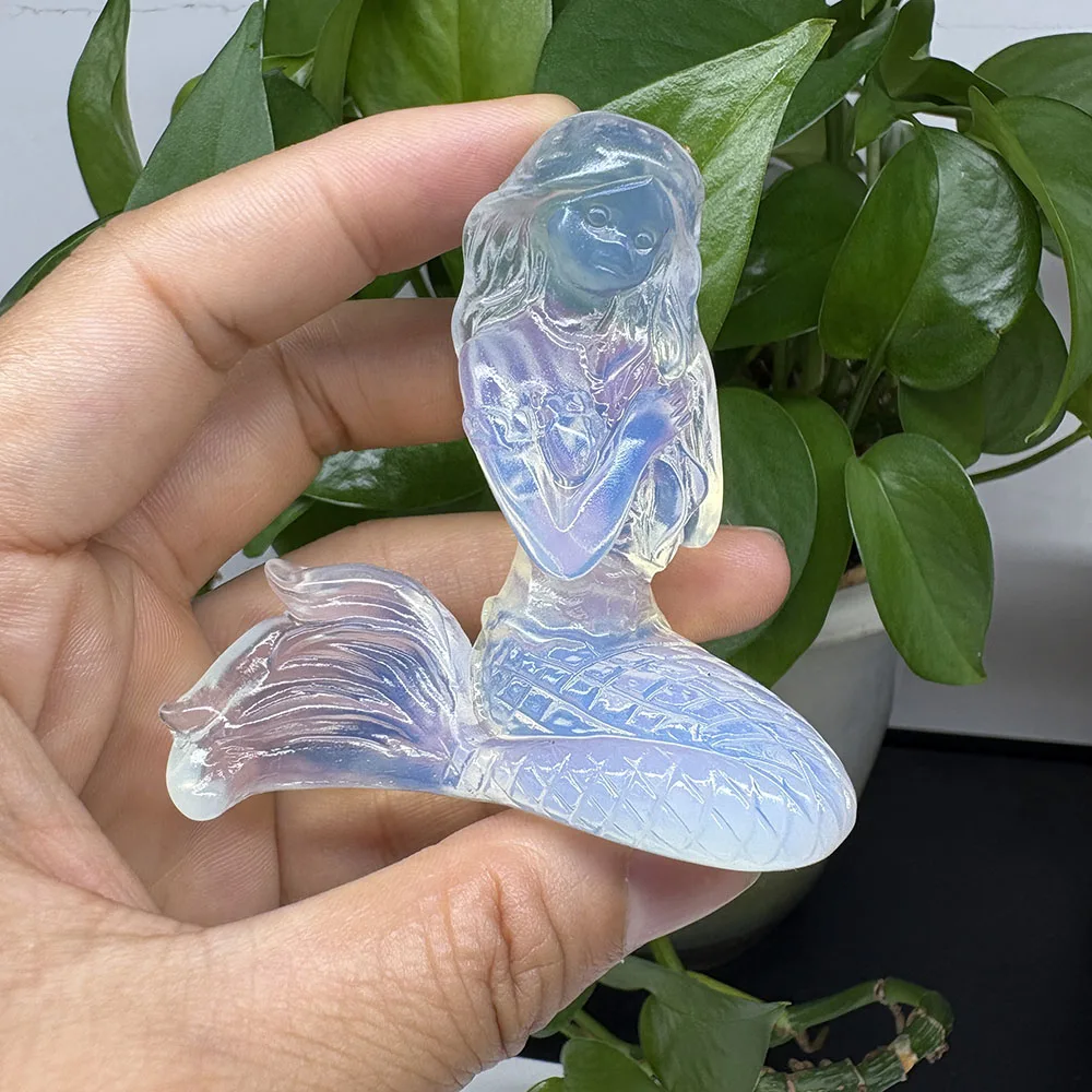 Opalite Crystal Mermaid Carving - 6.5cm Handcrafted Gemstone Siren Figurine Collectible
