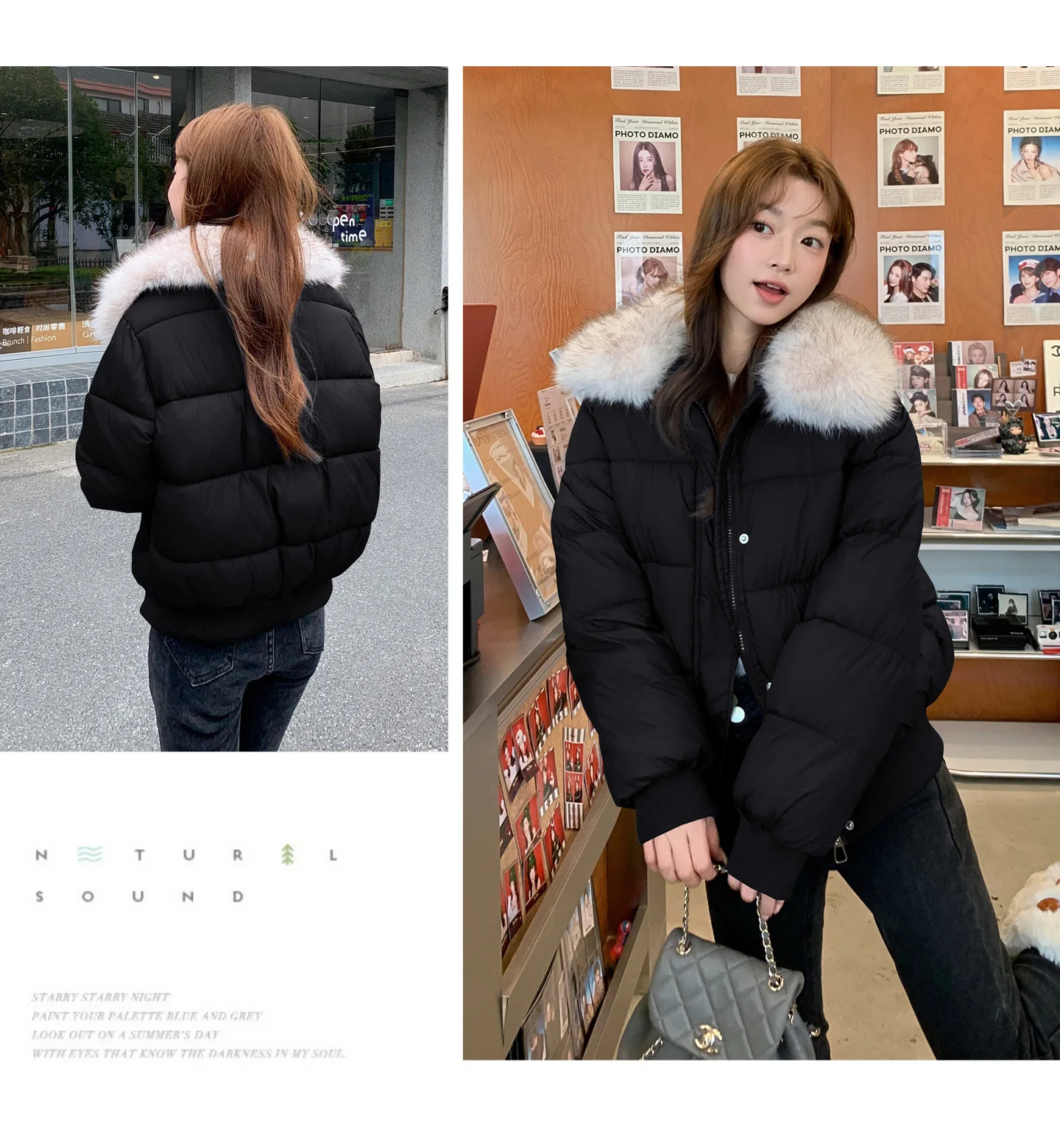 Korean Version Fashion Gray Long-sleeved Short Down Cotton Clothes Women's Winter New Removable Fur Collar Splicing Warm Jacket