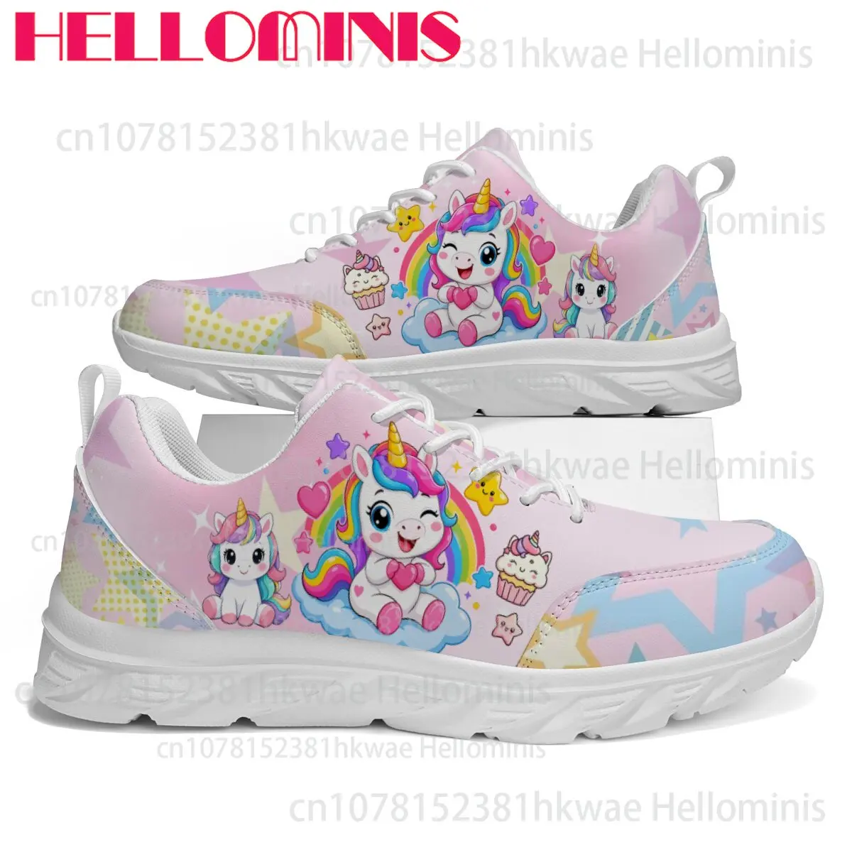 Girls Unicorn Pink Rainbow Star Lovely Cartoon Pattern Lightweight Breathable Lace Up Casual Walking Sneakers Birthday Gift