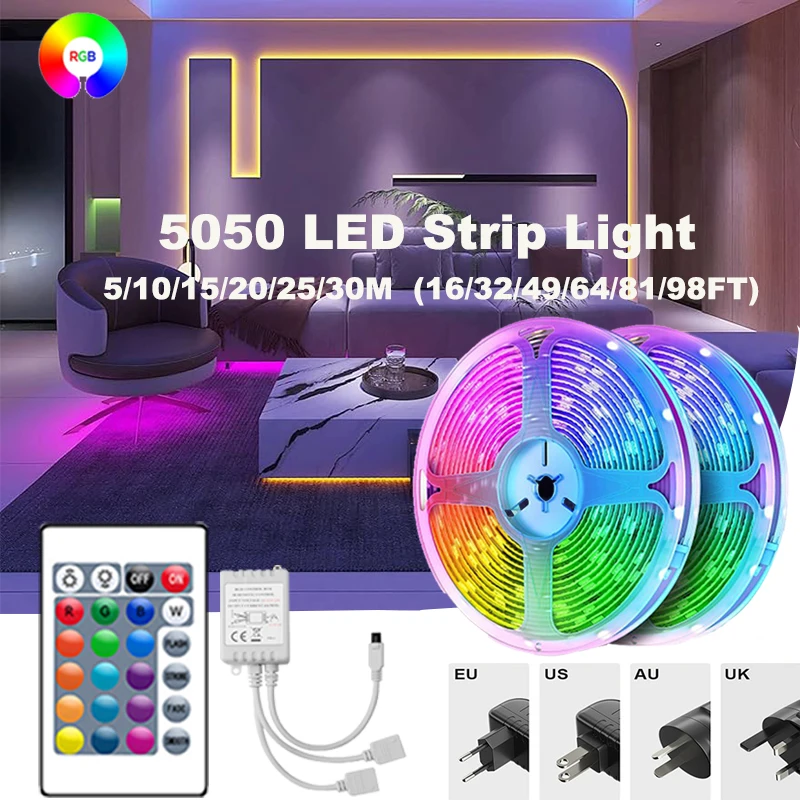 

Led Strip Light Rgb 5050 12V Rgb Led Lights Strip 20M Led Tape Light Smart Control 24Key Gaming Room Decoration Christmas Lights