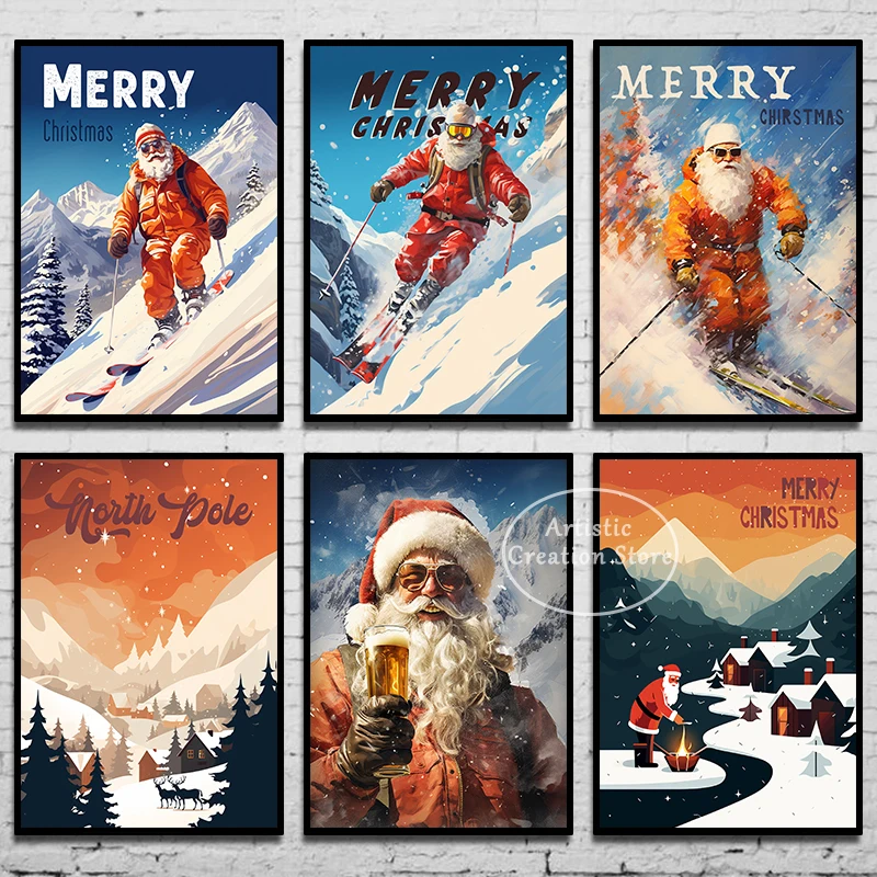 Ski Santa Poster Vintage Winter Apres Ski North Pole Prints Canvas Painting Christmas Holiday Wall Art Nordic Home Decor Gifts