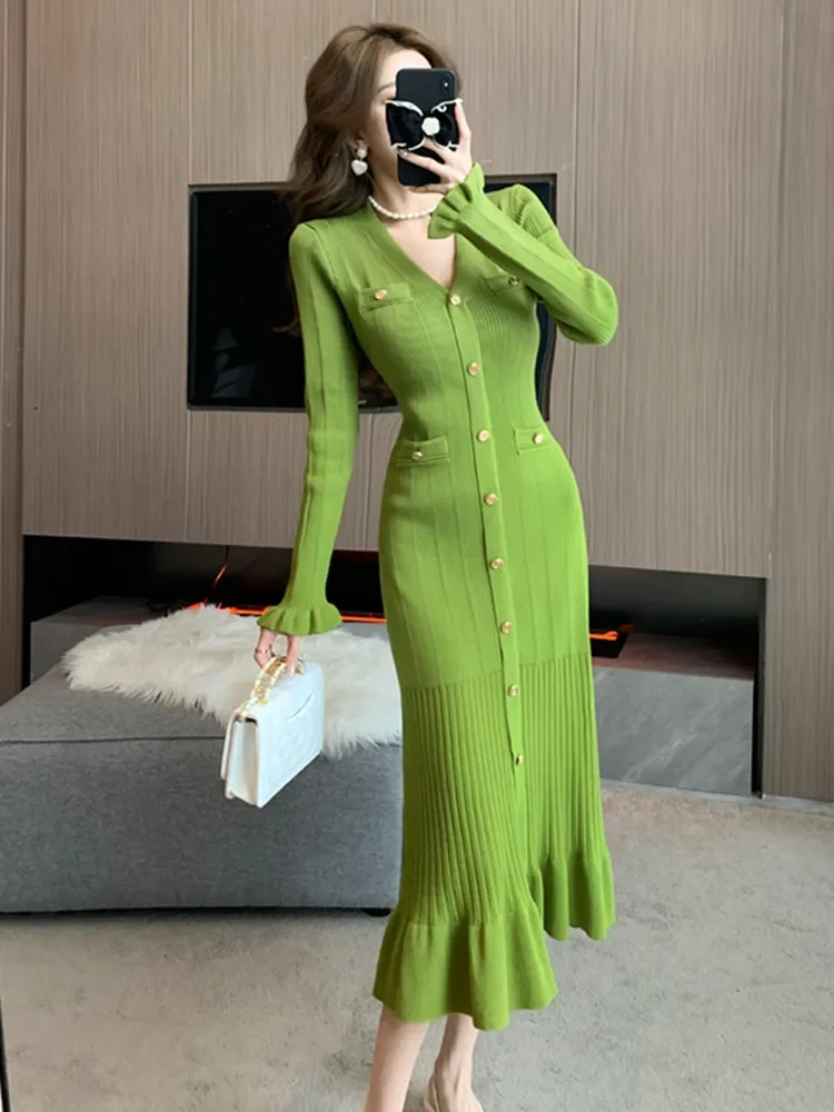 New Autumn Winter Ribbing Knitted Dress Women V-Neck Long Sleeve Fashion Ruffles Hem Mermaid Dresses Elegant Vestidos Robes