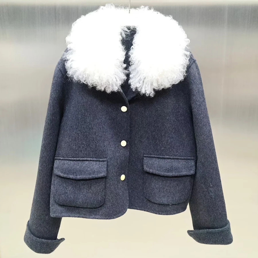 

Woolen Coats Woman Natural Lamb Fur Collar Warm Wool Coat For Women Winter New Outerwear