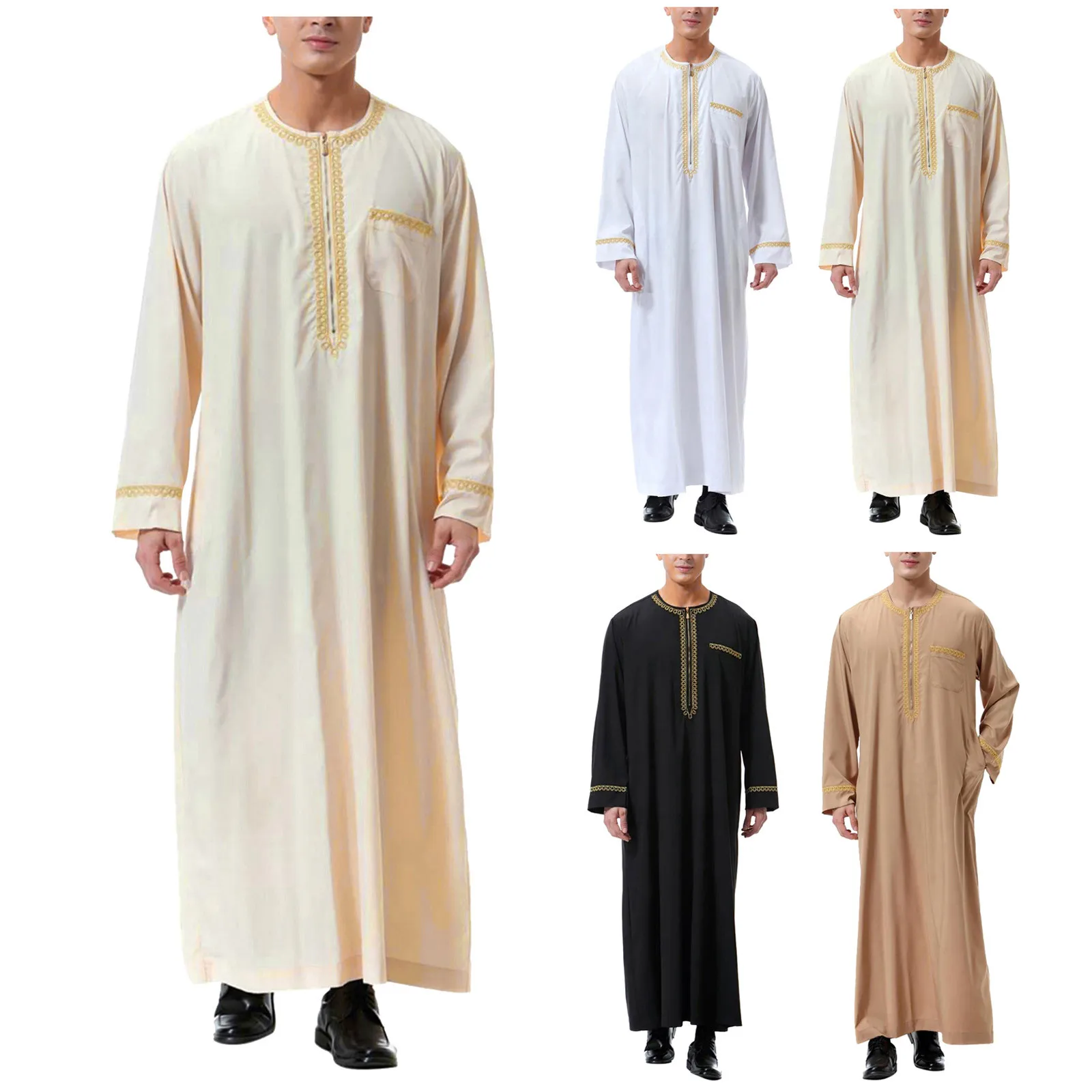 

Men's Muslim Shirt Kaftan Islamic Royalty Dubai Robe O-Neck Long Sleeve Retro Tunics Abaya Arabic Traditional Costume Men's Robe