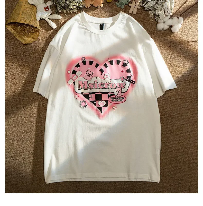 Y2k Women T Shirt Summer Sense Niche Love Chess Board Bear Letter Clothing Graphic Priting Casual Loose Couple Short Sleeve Top