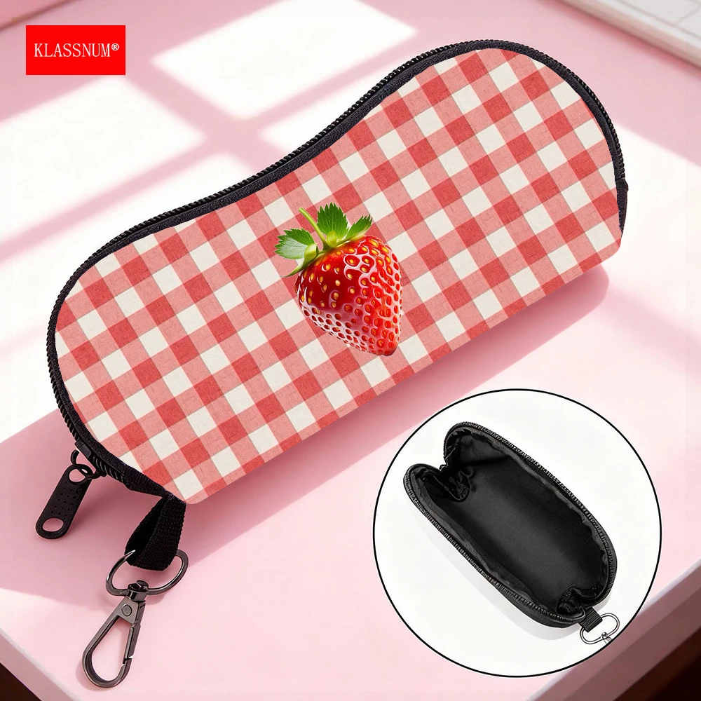 KLASSNUM Cute Strawberry Banana Design Glasses Pouch Soft Check Pattern Zipper Sunglasses Reading Glasses Case with Metal Clip