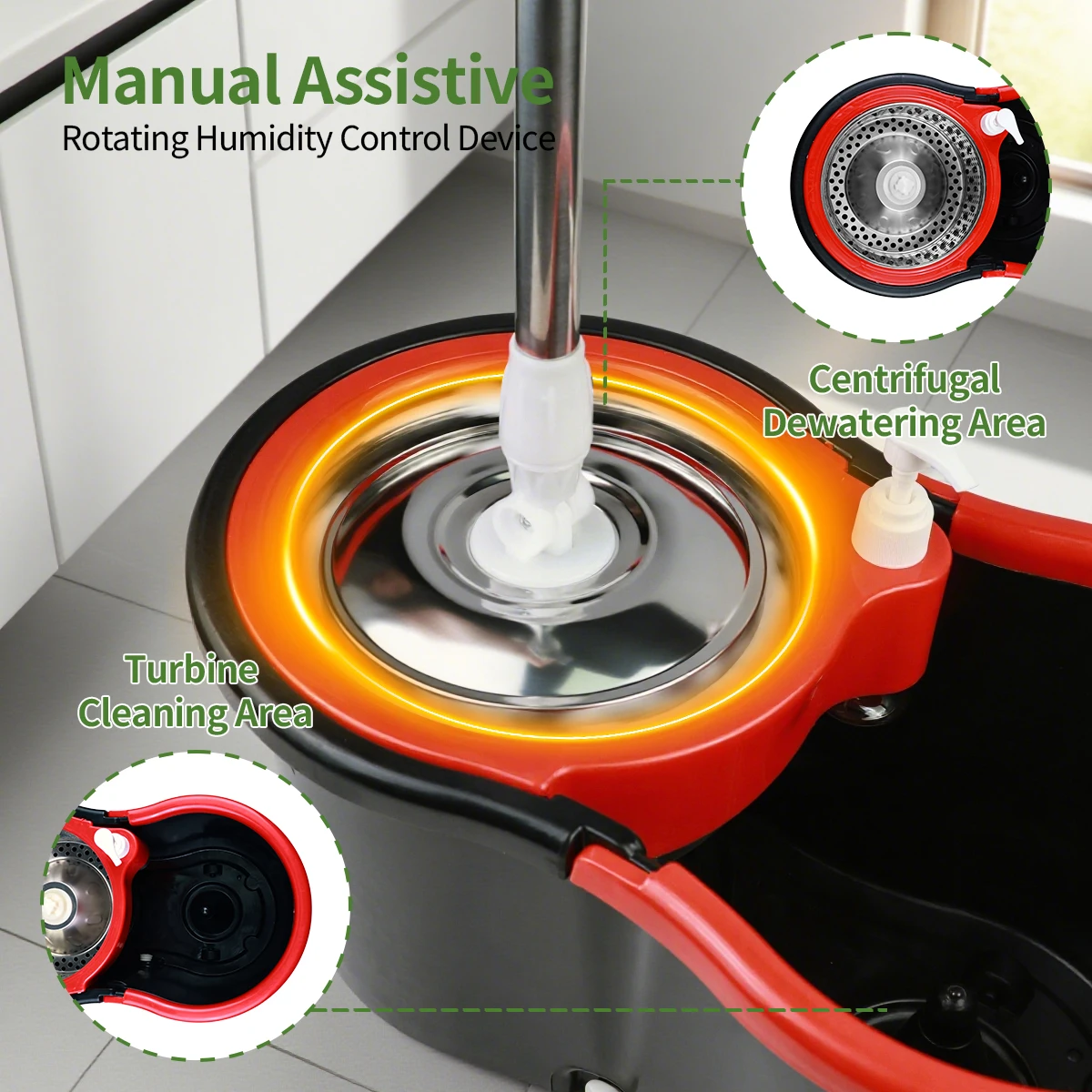 مجموعة دلو الممسحة 360 °   نظام ممسحة دوارة مزدوج الحركة، 3 رؤوس ممسحة خيوط مقسمة، دلو للتنظيف الذاتي