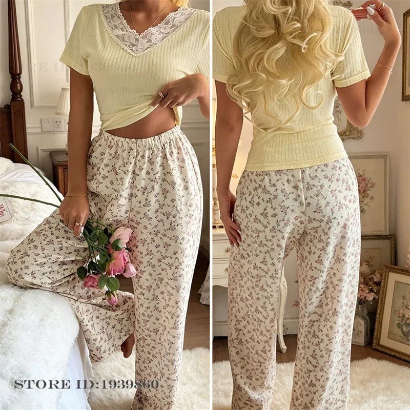 French Sweet Style Women's Pajamas Loungewear Yellow Lace Short Sleeve Trouser Suits Home Clothes Print Flower Loungewear Pyjama