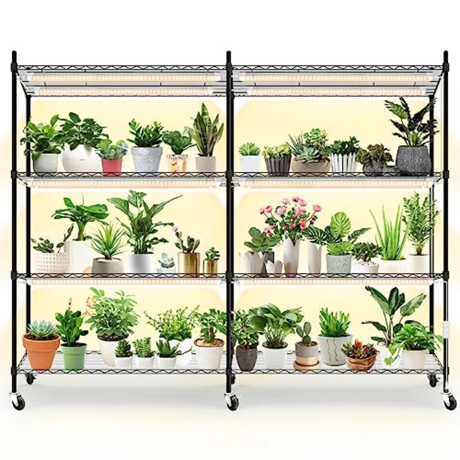 

4-Tier Plant Shelf with Grow Light and Wheels Stainless Steel 12-Pack 288W T8 Full Spectrum Grow Lights for Seed Starting 57.4