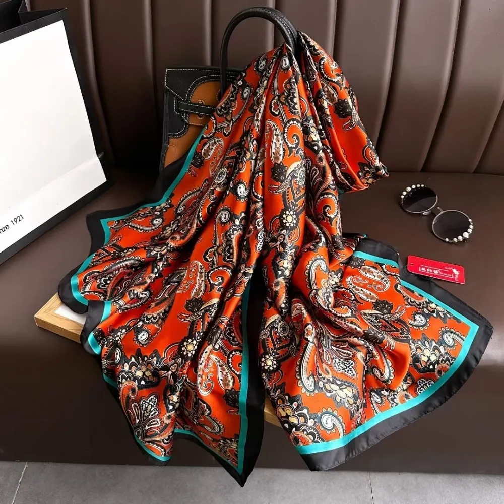 Luxus Blumen Seidenschal Schals Sonnencreme Dünne Satin Halstücher Weiche Große Strand Hijab Kleid Dekor