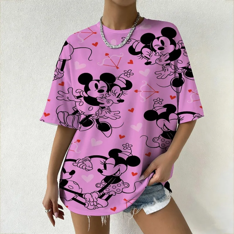 

Женская футболка с принтом Disney Mickey & Minnie Mouse Love All Over, модный летний топ Y2k для уличной одежды, вечеринок и повседневной моды