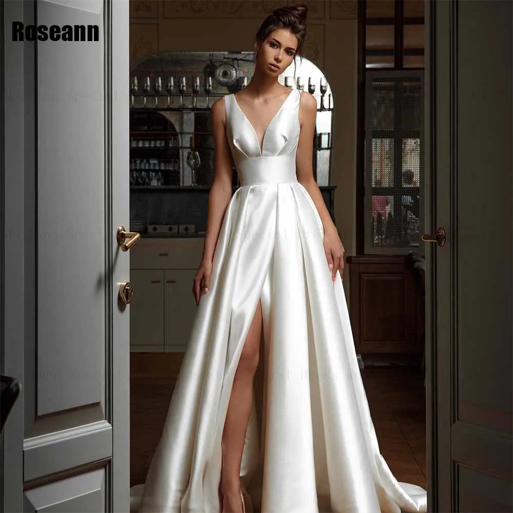 Exquisite A-line Wedding Dress V-Neck Open Back Front Split Draped Pleat Sleeveless Bride Dresses Floor Length robe de mariée