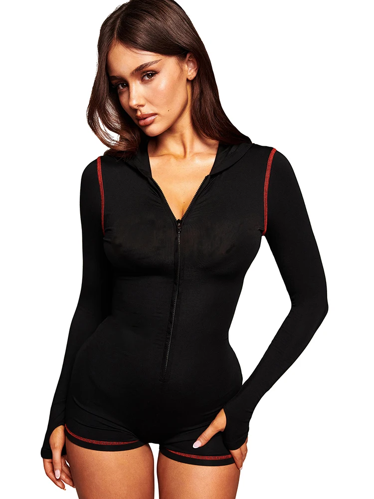 JULISSA MO Con Cappuccio Manica Lunga Cerniera Donne Pagliaccetto Angelo Nero Diamanti Lucido Tuta Autunno Skinny Elegante Partito Clubwear 2025