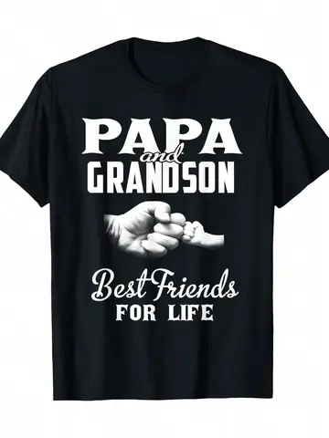 Papa  Grandson Best Friends For Life Mens Cotton T-Shirt - Black Graphic Tee With Heart Design 100% Cotton