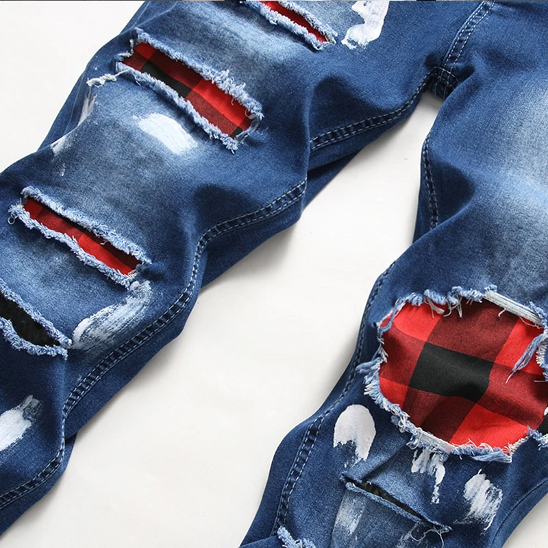 Men\'s Skinny Ripped Jeans Plaid Patchwork Denim Trousers Hip-Hop Print Jogging Pencil High Quality Denim Men Pants