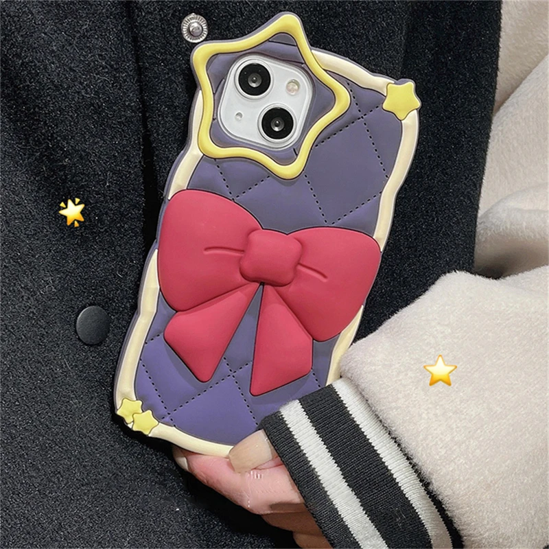 Japan Cute 3D Bowknot Diamond Lattice Silicone Case For iPhone 12 13 14 15 16ProMax Lovely Star Lens Protective Soft Cover Funda