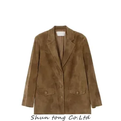 Office Lady Blazer Coat 2023 autunno moda marrone monopetto in pelle scamosciata giacche femminili manica lunga colletto rovesciato Lady Outwear