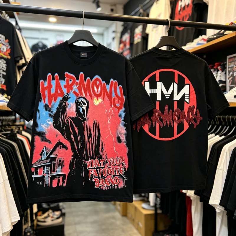 2026ss Hip Hop Abstract Print HARMONY Short Sleeve T-Shirt High Quality Loose Casual Round Neck Rhinestone Tee Top