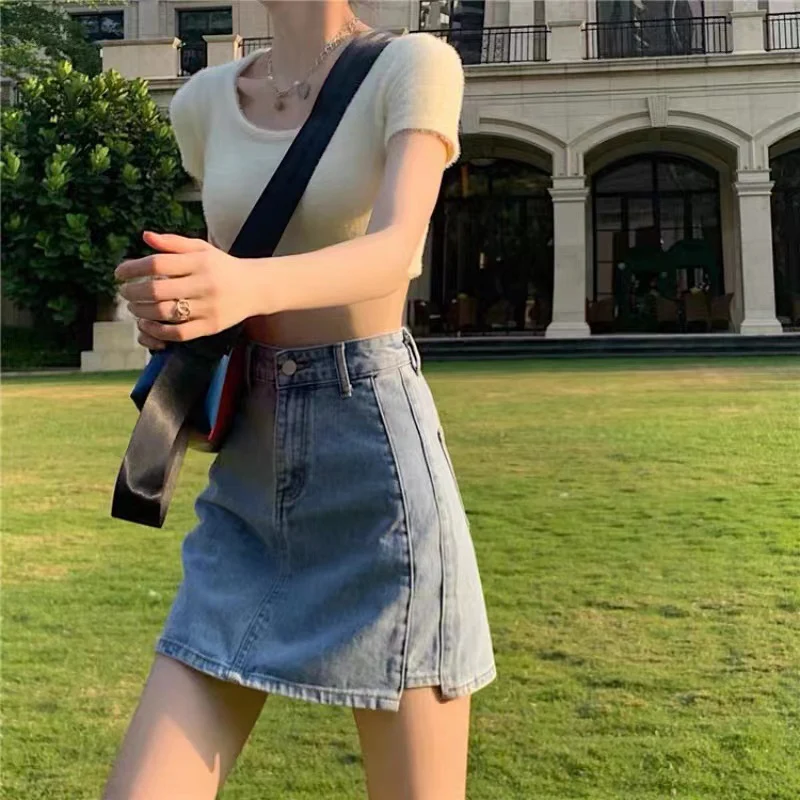 

High Waist A-Line Skirt Women's Summer Korean Sle Slimming Versatile ort Skirt Hong Kong Flavor Pure Color Cotton Blend