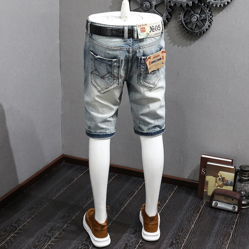 

Ripped Denim Shorts Men's Nostalgic Retro Slim Fit Korean Style Street Style Trendy Scrape Personality All-Match Casual Shorts