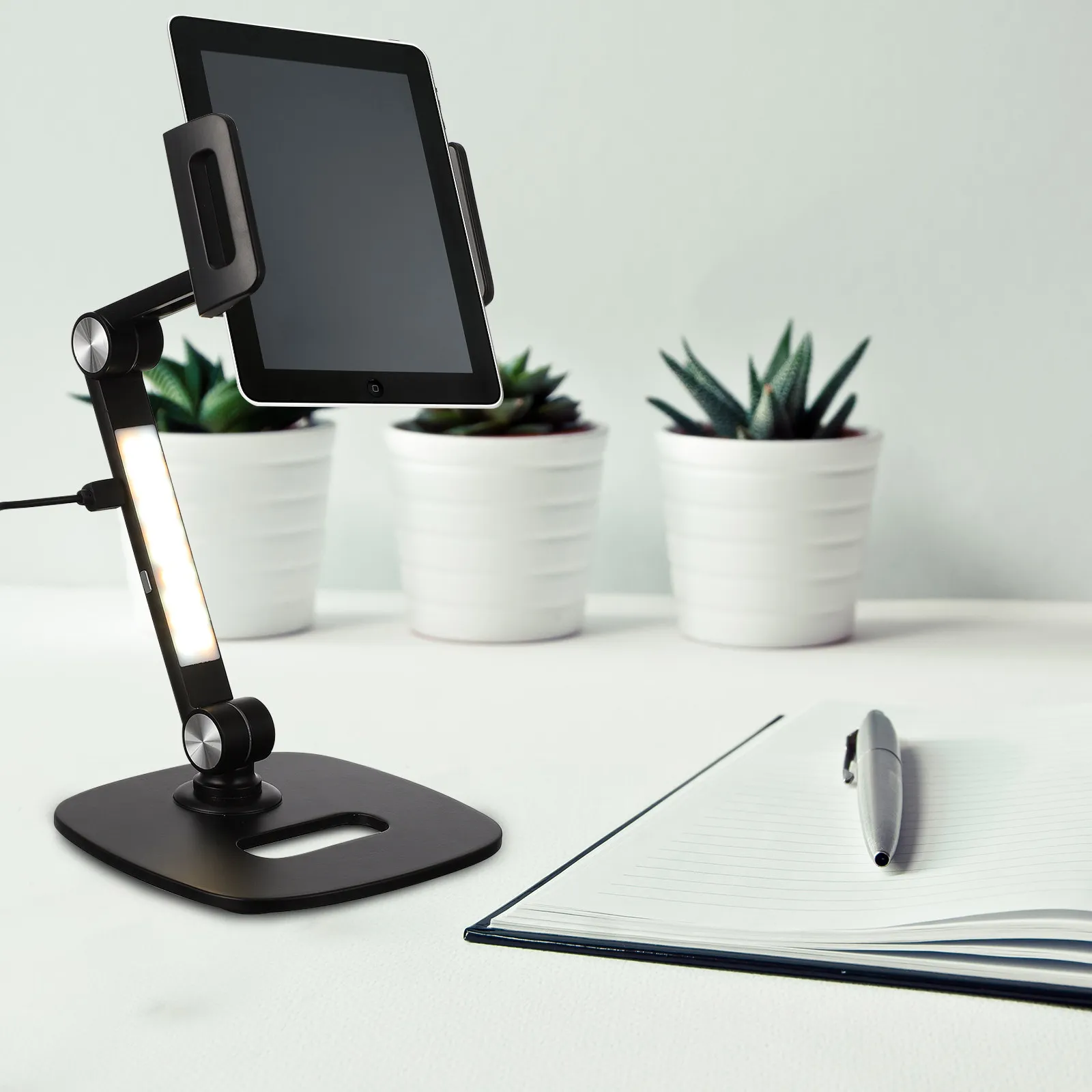 1Set Adjustable Tablet Phone Stand Desktop Holder Metal Base 360 Degree Rotation Stable Support for Video Conference Streaming