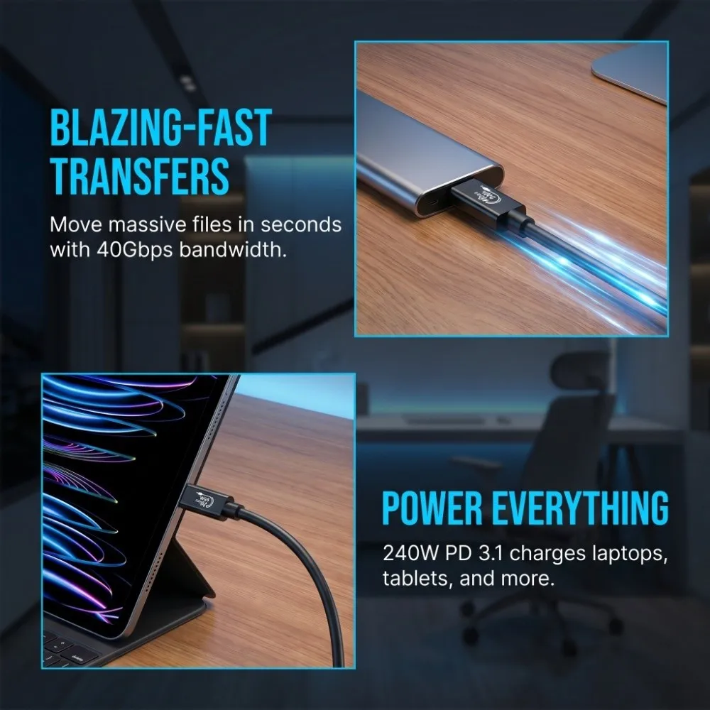 PD 240W Dual Type-C Charging Cable 40Gbps 8K@60HZ USB4 Data Cord High Speed Thunder-bolt 4 USB C Video Cable for Phone Laptop PC