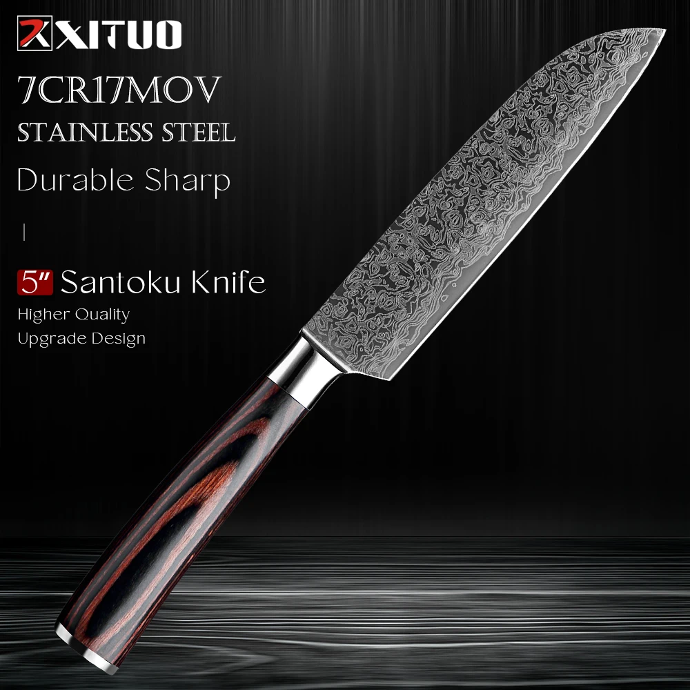 

5-дюймовый нож сантоку из нержавеющей стали с лазерным дамасским узором, острый, профессиональный кухонный нож, нож для фруктов, с цветной деревянной ручкой
