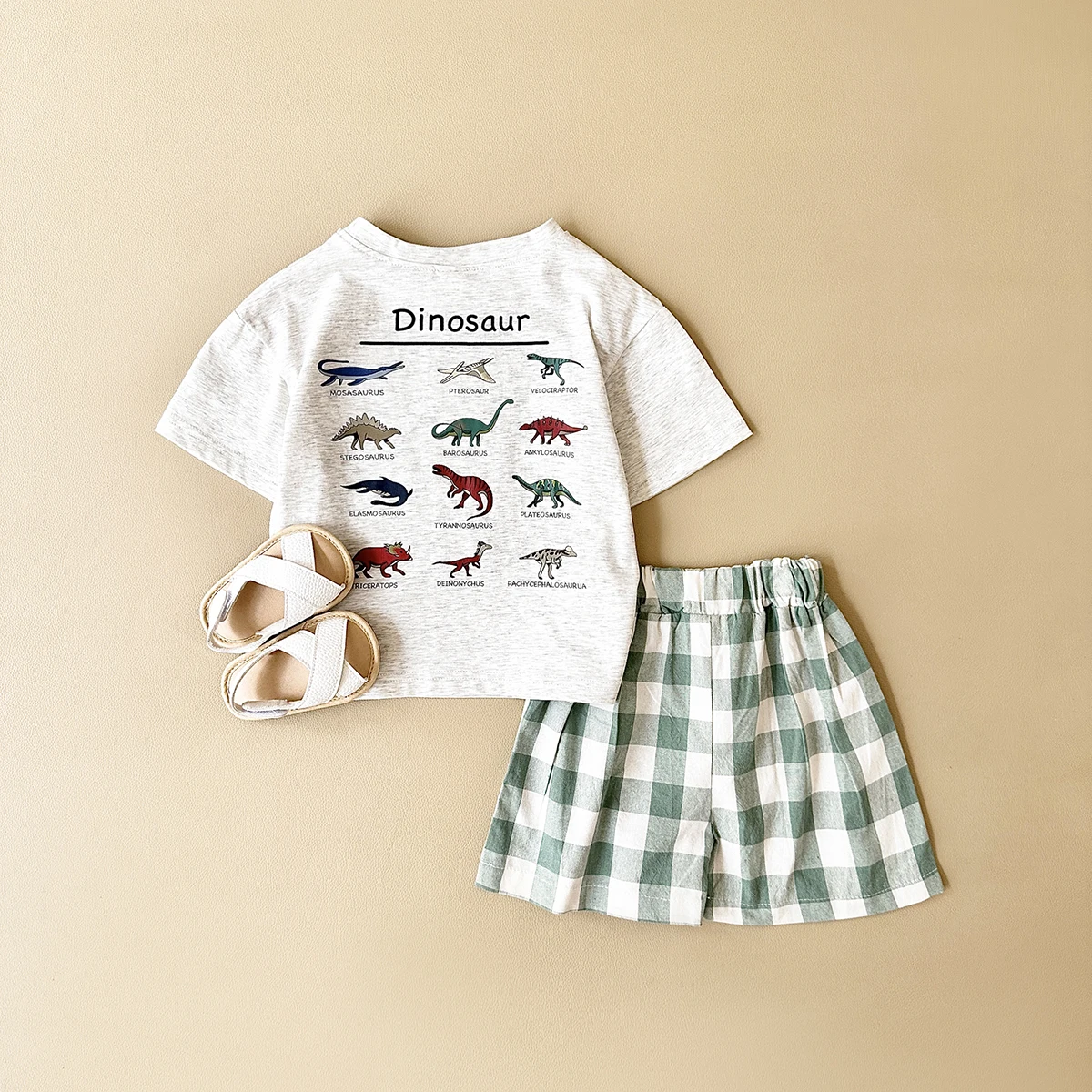 Summer 2Pcs Newborn Baby Boys Clothes Set Girls Suit Casual Dinosaur Printed T-shirt+Checkered Shorts Infant Toddler Outfit 0-3Y