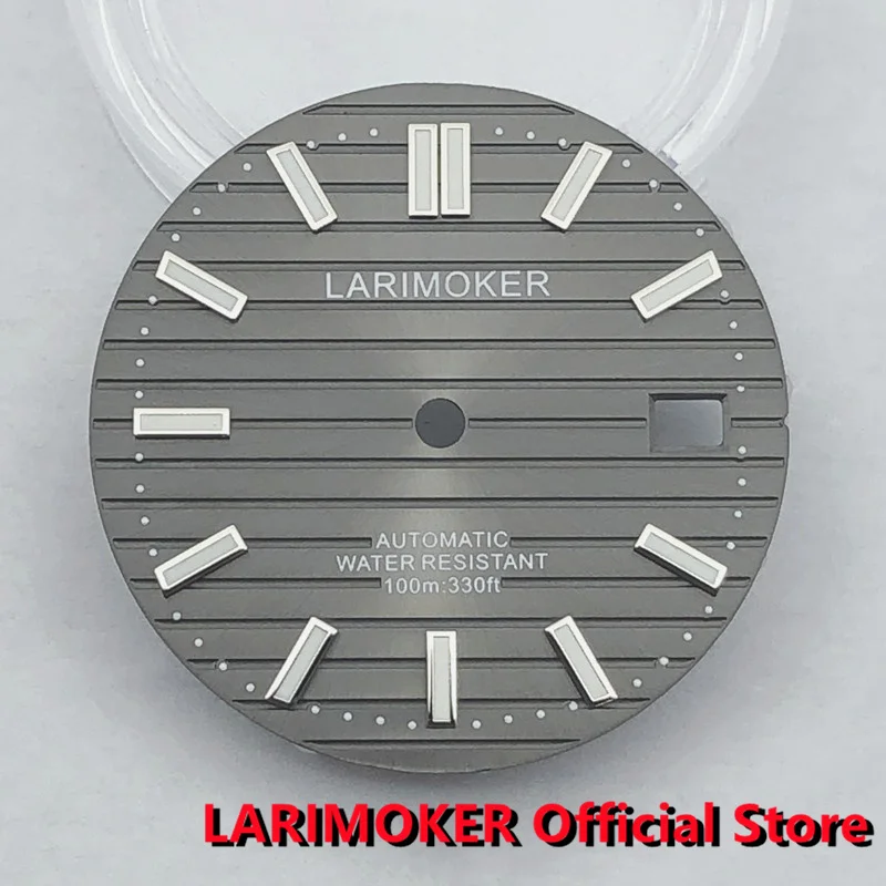 LARIMOKER 29.8mm Watch Dial Silver Gray Sun reflective stripes Luminous NH35 Watch Dial Green Custom Logo