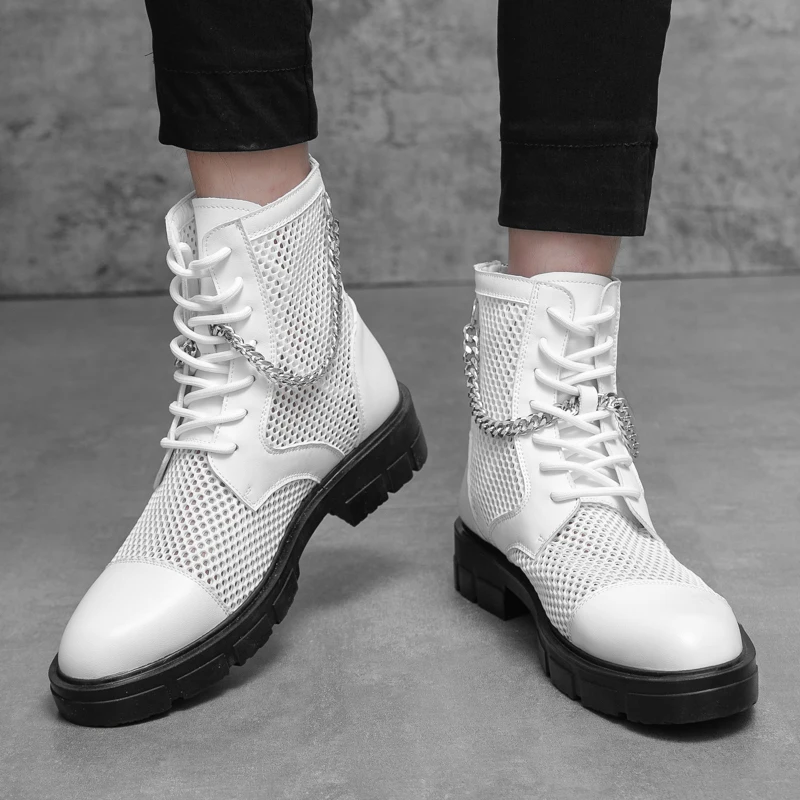 Men's High Top Sandals Mesh Lace-Up Ventilate Roman Sandals Fashion Boots Platform Shoes Man Summer White Short Boots Boots Male