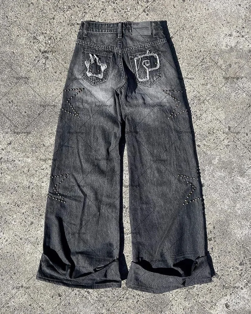 2023 najnowsza diamentowa jeansy w stylu amerykański, nowy z gwiazdami główna ulica marki mody męskiej Y2K spodnie Retro casualowe spodnie z luźna szeroka nogawkami