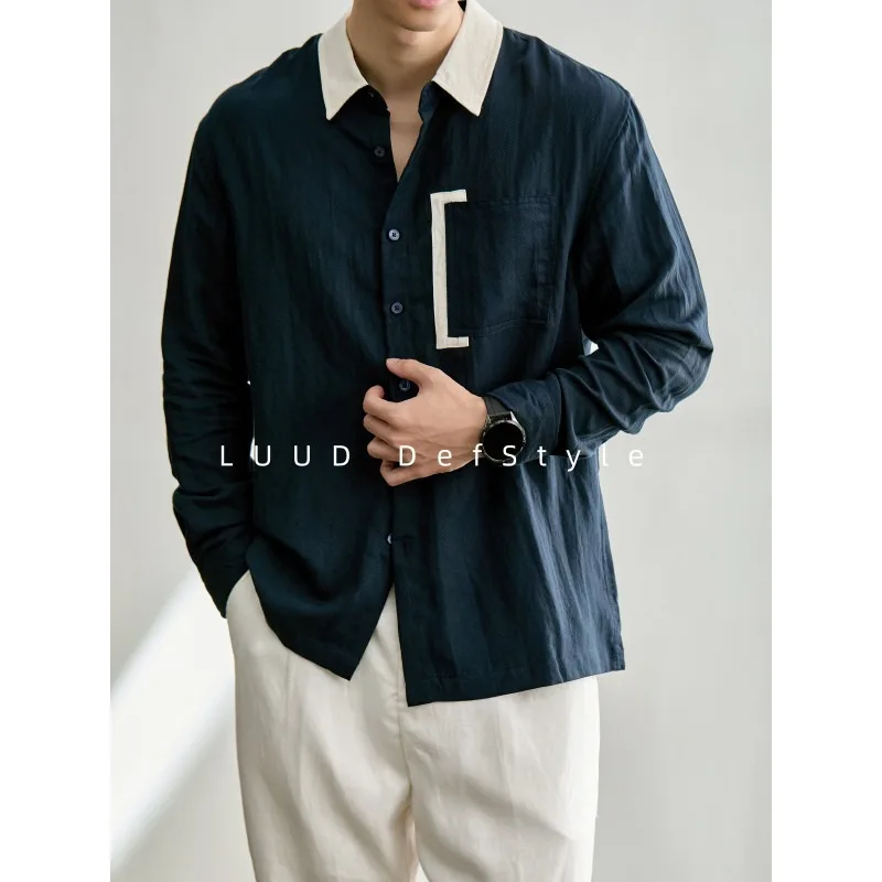 Lyocell Linen Blend Long Sleeved Shirt for Men Spliced Pockets Collar Shirt Men's Loose Casual Business Shirts Men Clothing