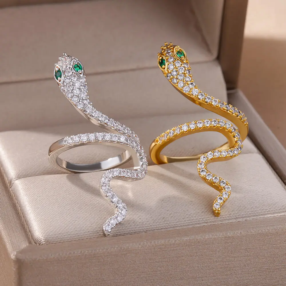 Zircon Snake Rings For Women Vintage Micro-Inlaid Stainless Steel Snake Open Adjustable Ring Party Jewelry Accessories Anillos