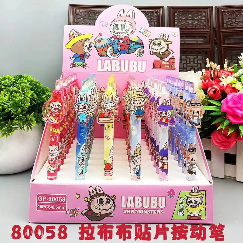 

48pcs Cartoon Labubu Patch Press Gel Pen Student Stationery 0.5mm Black Neutral Pen Kids Gift