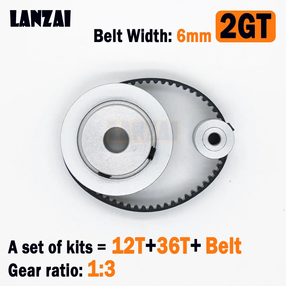 LANZAI 2GT Timing Belt Pulley kit, Set roda katrol 12 gigi rasio 1:3 lebar sabuk 6mm Aluminium GT2 12 T 36T untuk Printer 3D