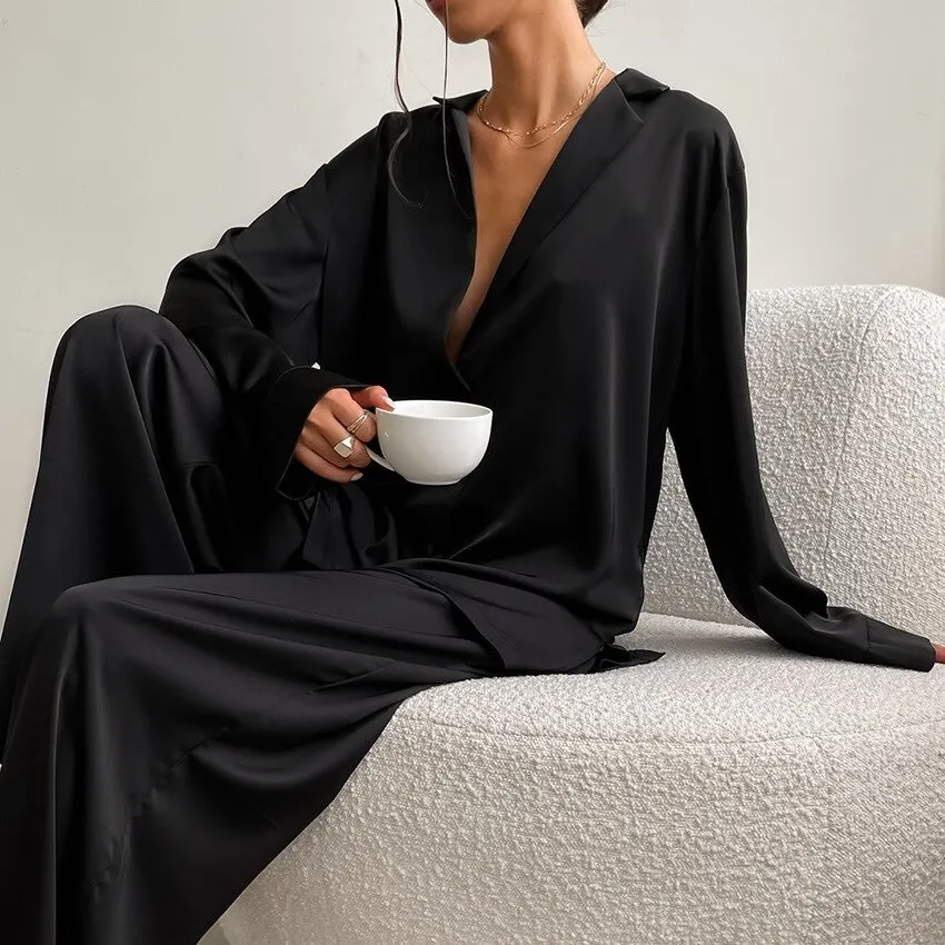 Women Silk Pajamas Lce Silk Loose Low Cut Sexy Single Breasted Long Sleeved Wide Leg Pants Can Be Worn Externally