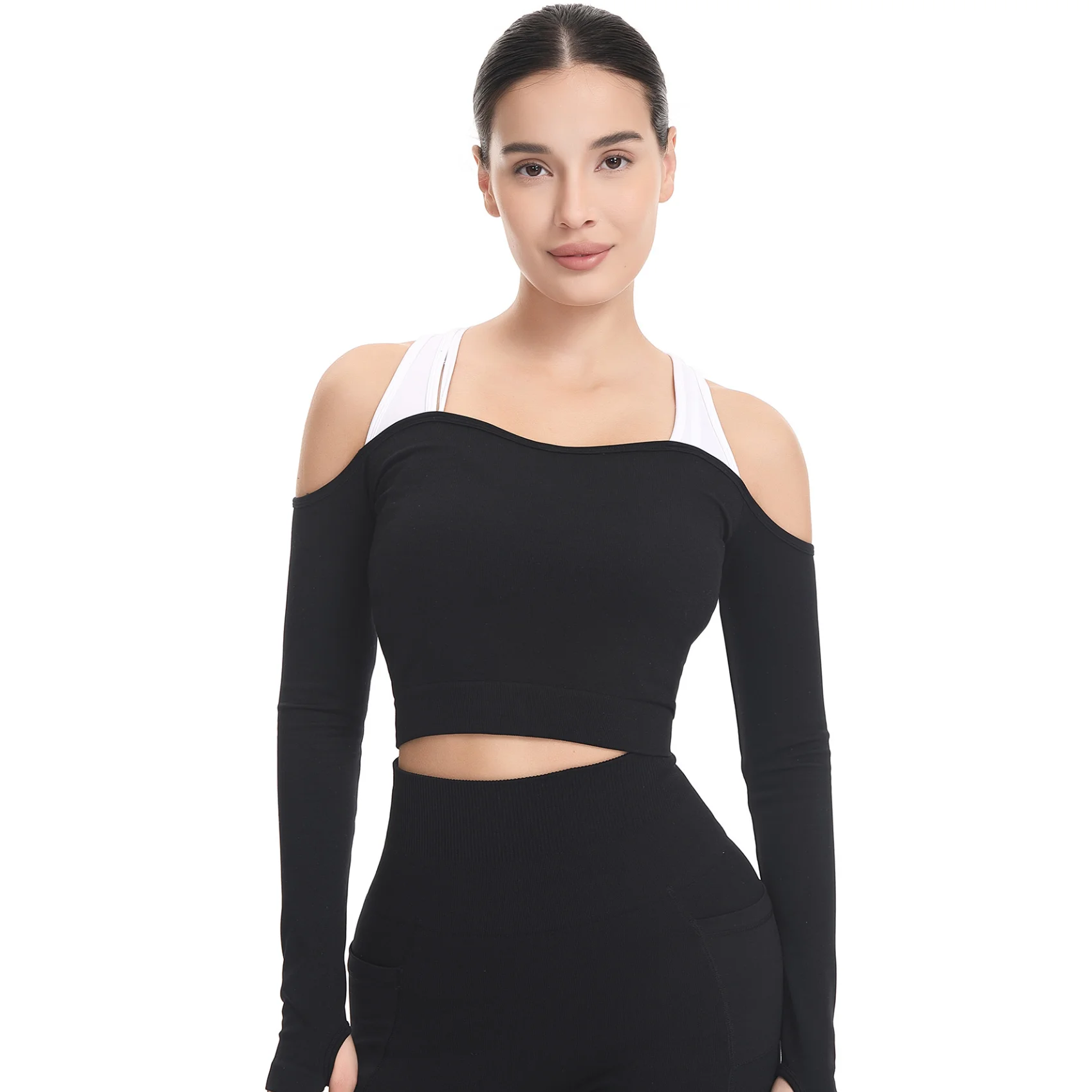 Women's Off Shoulder Workout Top Long Sleeve Cut Out Crop Top Sexy Fitness Shirt  Black White Contrast Yoga Running Gym Wears