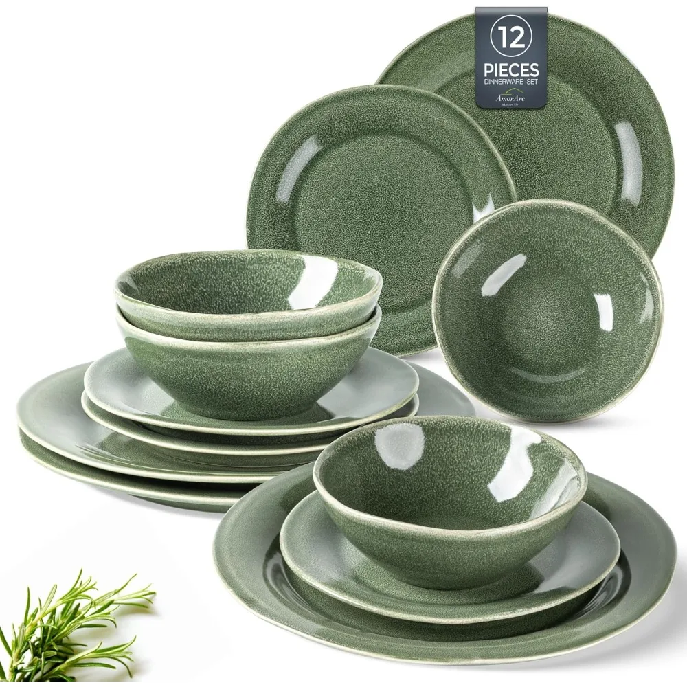 

AmorArc Ceramic Dinnerware Sets, Handmade Stoneware Reactive Glaze Plates and Bowls Set, Scratch Resistant | Dishwasher & Microw