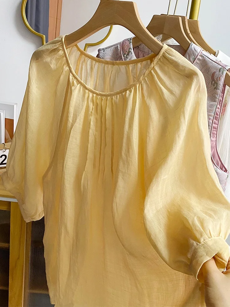 

Retro Japanese Sle Linen Bubble Sve irt Women's Summer Faion Loose Casual round Ne Doll irt Top