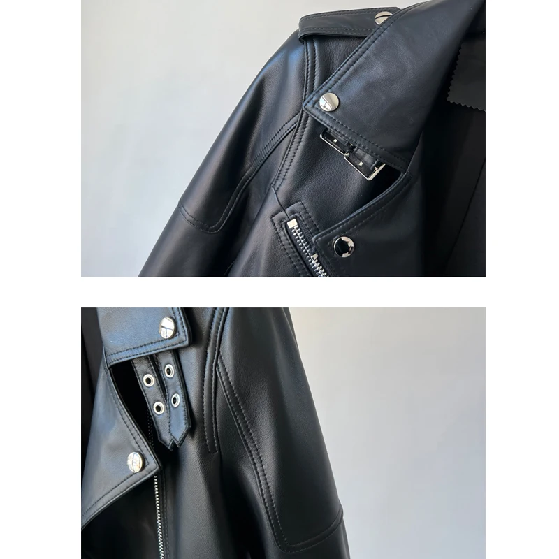 Moda Moto & Biker Giacca in vera pelle Cappotti per donna 2025 Nuova giacca in pelle con cerniera con rivetti con lacci Cappotti di pelle di pecora