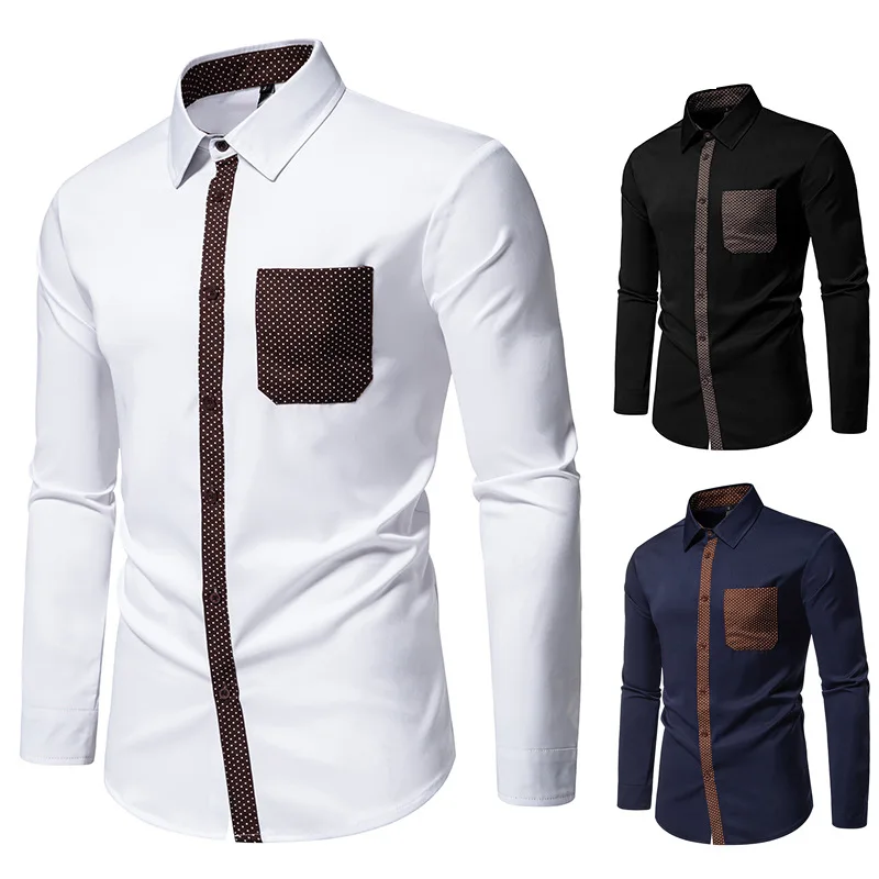 Men's Shirt Triangular Collar Fashion Contrasting Color Long-sleeved Shirt Color Matching Fashion Youth Tide