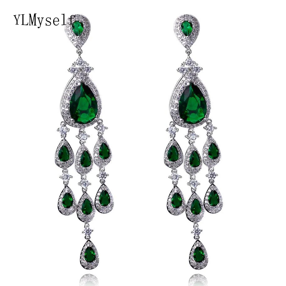 Beautiful 9.1cm Very Long Drop earrings Pave Champagne/Purple/Green/Blue/Black/White Cubic zircon Luxury wedding party Earrings